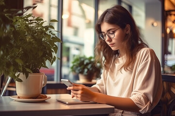 Serious woman wearing glasses using smartphone for social media typing