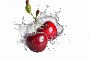 cherries falling into water splash effect isolated on white background with 8k high resolution © Waqas