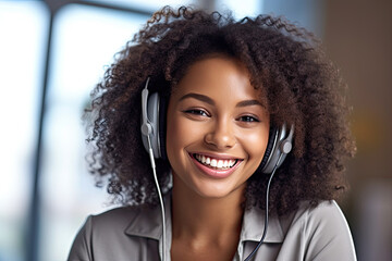 Female afro american customer support operator with headset and smiling working in call center