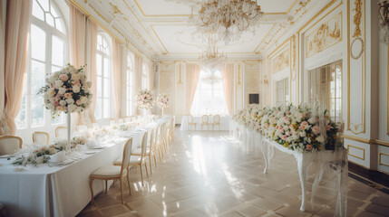 A reception of a wedding in a old palace castle with a chandelier and big windows, generative ai