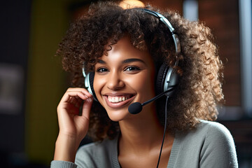 Female friendly afro american customer support operator with microphone headset and smiling working in call center