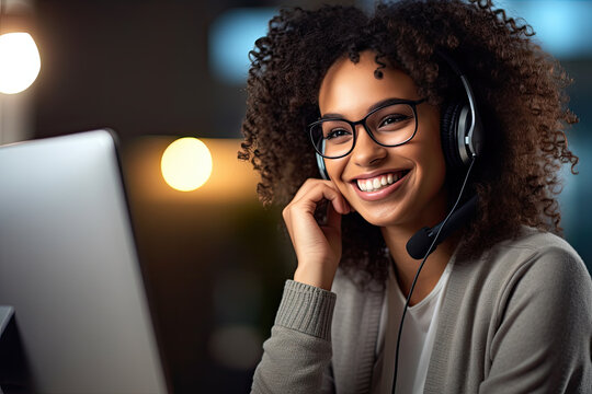 Female Friendly Afro American Customer Support Operator With Headset And Smiling Working In Call Center