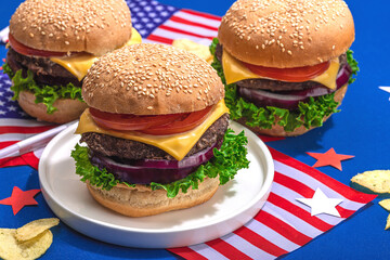 Homemade burgers. An American classic, traditional food for picnic or celebration Independence Day