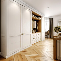 Fototapeta na wymiar White wooden wardrobe in scandinavian style interior design of modern bedroom. Created with generative AI