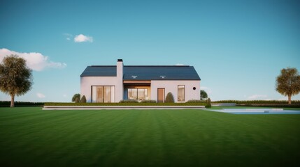 House with lawn and blue sky background.Minimal concept for real estate and property.3d rendering