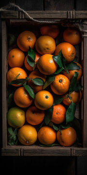oranges in a wooden box, fruit, basket, topdown photo, fresh, generative ai, 