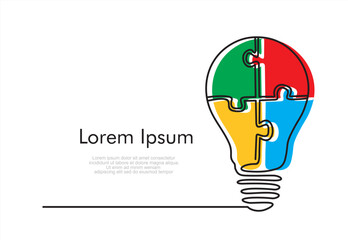 Continuous one line drawing of light bulb and grup of puzzle. inside.  Puzzle game symbol and iconic business metaphor for problem solving, solution and strategy. Illustration with quote template.