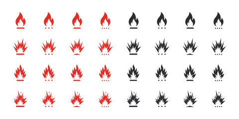 Fire or flame icons set. Red and black fire icons. Vector scalable graphics