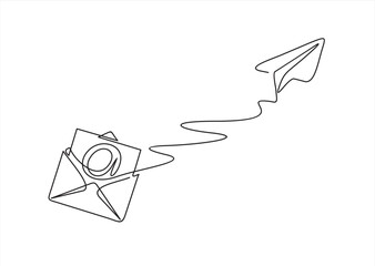 continuous one line drawing of  Email message post letter send illustration sketch outline drawing.One line paper plane and envelope.  