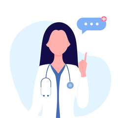 Doctor therapist or pharmacist with long hair shows an idea with a finger or warns. Concept - doctor, healthcare. Vector illustration in flat cartoon style.