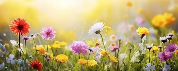 Obraz na płótnie Canvas An illustration of a beautiful summer-spring natural flowers background in the form of a banner, wildflowers, and yellow dandelions on a bright sunny day bokeh. Made with Generative AI technology