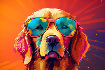 Cute Golden Retriever wearing Sunglasses, Colorful Background, AI-Generated Image	
