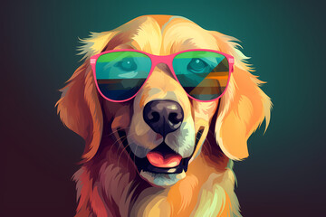 Cute Golden Retriever wearing Sunglasses, Colorful Background, AI-Generated Image	