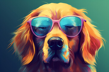 Cute Golden Retriever wearing Sunglasses, Colorful Background, AI-Generated Image	
