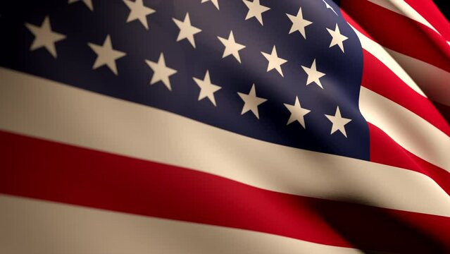 Waving national flag of United States of America close up shot in slow motion. Stars and Stripes banner. Photorealistic animation with dramatic light.