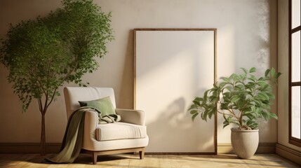 Mediterranean style interior.Armchairs,plant and blank canvas.3d rendering
