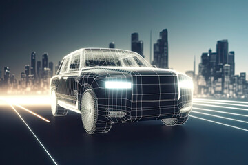wireframe Modern Electric car rides through Blue tunnel 3d rendering.AI generated.