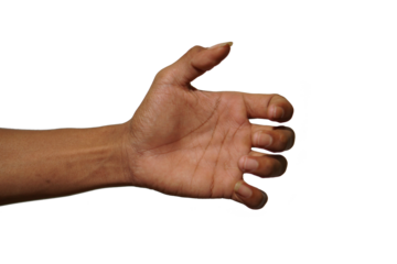 An asian man's hand is holding something like a bottle on a white background