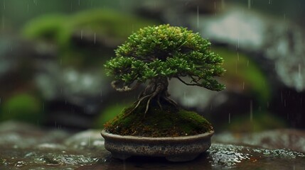 Obraz na płótnie Canvas Small bonsai tree in a ceramic pot put outside at the stone in rainy day.