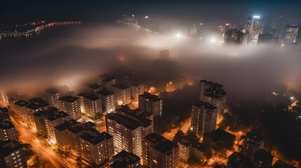 Beautiful metropolitan city skyscraper high rise building in the night misty foggy environment, busy night life, illuminate light, aerial view, city landscape.