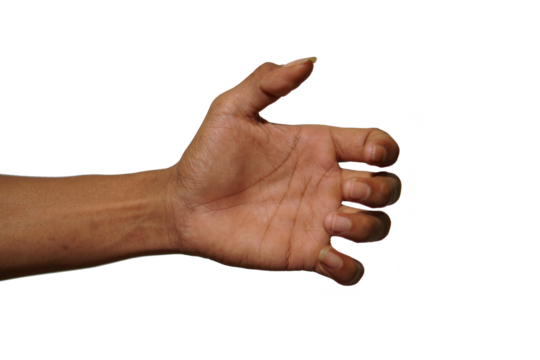 An asian man's hand is holding something like a bottle on a white background
