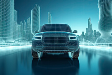 Naklejka premium wireframe Modern Electric car rides through Blue tunnel 3d rendering.AI generated.