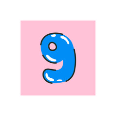 Number 9. Number in the form of blue balloon. Inflatable number nine. Happy birthday greeting card. calendar day. Vector illustration
