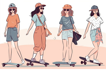 Women walking skateboarding in the summer. Teen skateboarders are posing and standing. Doodle art concept.AI generated