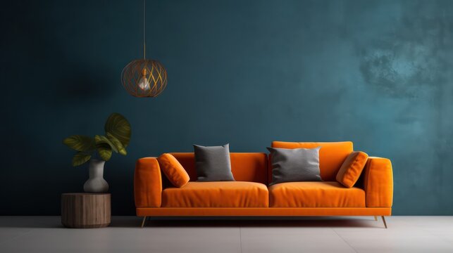 Orange sofa and blue wall in modern living room.3d rendering
