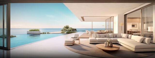 Panorama of living room modern beach house or hotel with swimming pool and terrace.3d rendering