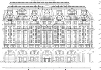 Vector sketch of architectural design illustration of mall building, shopping center and vintage old classic ancient hotel 