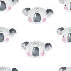 Seamless pattern with cute koalas on a white background. Watercolor illustration for children. Cute animals.  Kids texture for clothing, fabric, interior, textiles. Scandinavian style.
