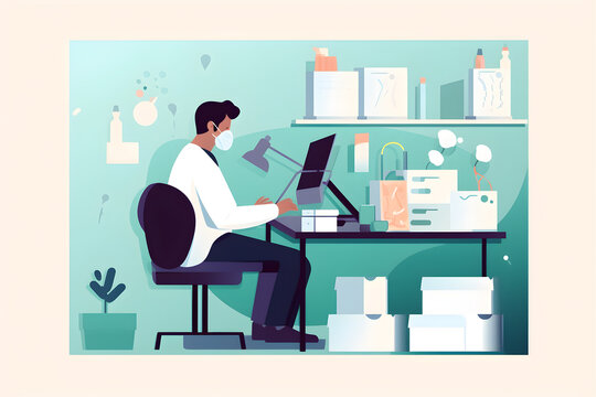 Flat vector illustration healthcare worker logging medicines on computer