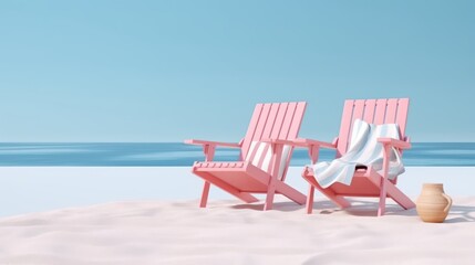 Pink beach chairs with pillows on white sand.Summer concept.3d rendering
