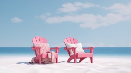Pink beach chairs with pillows on white sand.Summer concept.3d rendering