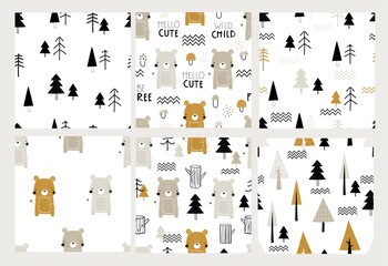 Vector pattern set with a cute bear, trees, forest and lettering. Seamless pattern for children with forest animals. Woodland. Kids texture for fabric, wrapping, textile, wallpaper, apparel.