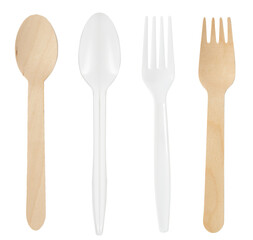 Disposable plastic and wooden cutlery utensils isolated on a transparent background.