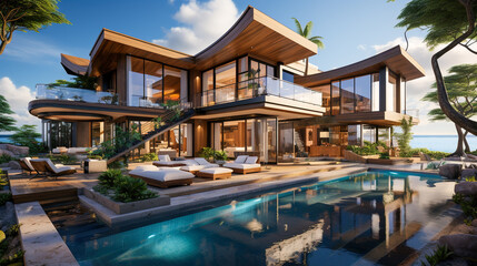 Fototapeta premium Beachfront Oasis: Experience Luxury and Serenity in a Modern Large Villa With a Pool, Generative AI