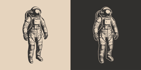 Set of vintage retro astronaut nasa future space adventure explore. Galaxy science trip. Graphic Art. Vector Illustration - obrazy, fototapety, plakaty