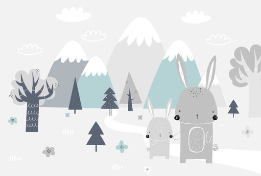 Vector children hand drawn mountain and cute bunny illustration in scandinavian style. Mountain landscape, clouds. Children's forest wallpaper. Mountainscape, children's room design, wall decor.