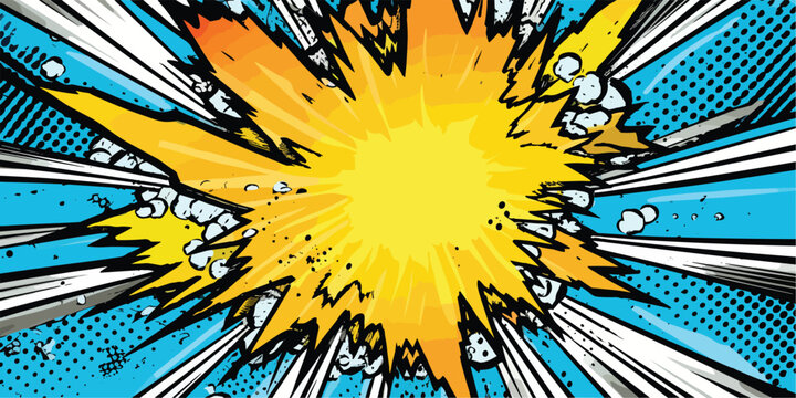 Naklejka VIntage retro comics boom explosion crash bang cover book design with light and dots. Can be used for decoration or graphics. Graphic Art. Vector. Illustration