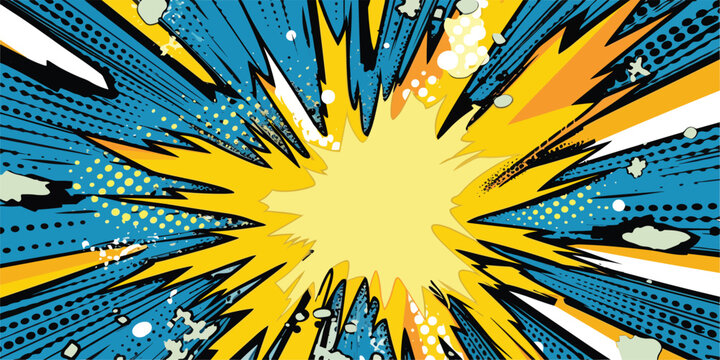 Fototapeta VIntage retro comics boom explosion crash bang cover book design with light and dots. Can be used for decoration or graphics. Graphic Art. Vector. Illustration