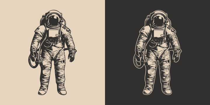 Set Of Vintage Retro Astronaut Nasa Future Space Adventure Explore. Galaxy Science Trip. Graphic Art. Vector Illustration