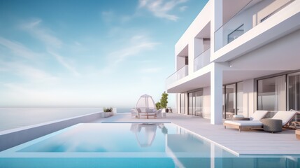 Fototapeta na wymiar Sea view.Luxury modern white beach hotel with swimming pool.Sunbed on sundeck for vacation home or hotel.3d rendering