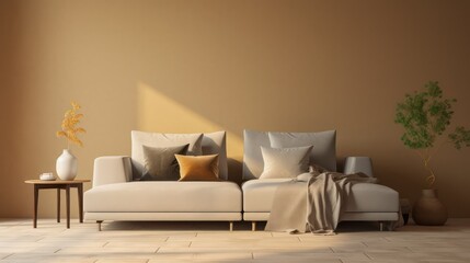 Brown sofa and yellow wall in modern living room.3d rendering