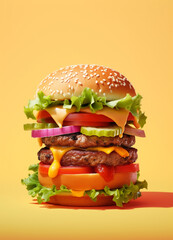 Tasty burger with meat, cheese, onion on rustic background. Hamburger on a modern background. Generative AI