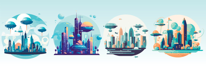 Abstract flat vector illustration of futuristic sky city.