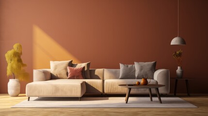 Fototapeta na wymiar Brown sofa and yellow wall in modern living room.3d rendering