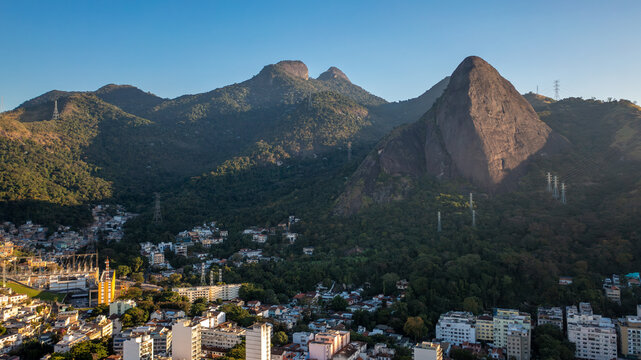 Aerial view of sunset at Pedra do Graja&uacute;, Tijuca National Park, Rio de Janeiro, Brazil. Below the neighborhood of Graja&uacute; and Andara&iacute;.
