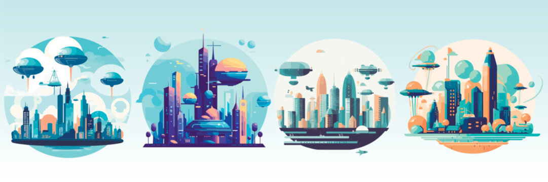 Abstract flat vector illustration of futuristic sky city.